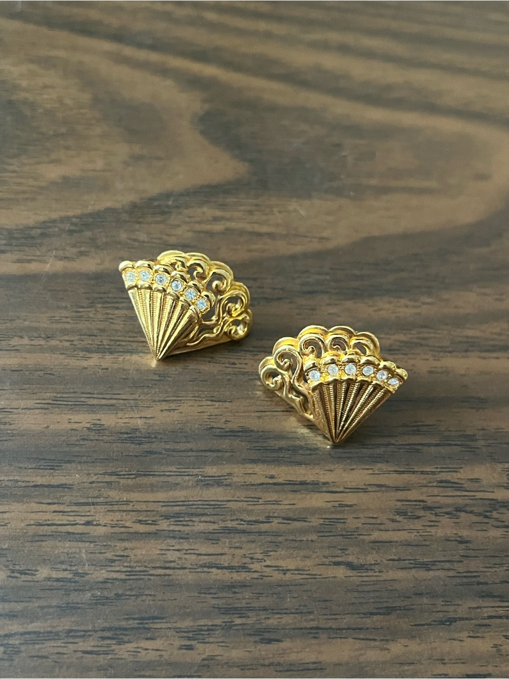 Vintage Gold Avon Fan Post Earrings with Rhinestones